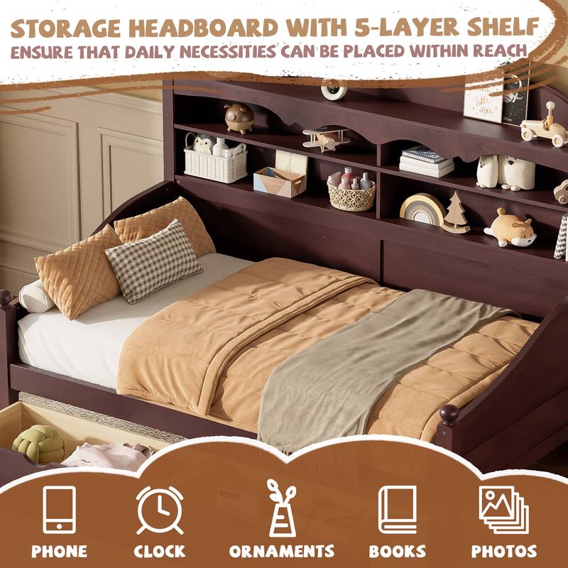 Twin Daybed with Storage Drawers and Headboard Shelving Wooden Frame