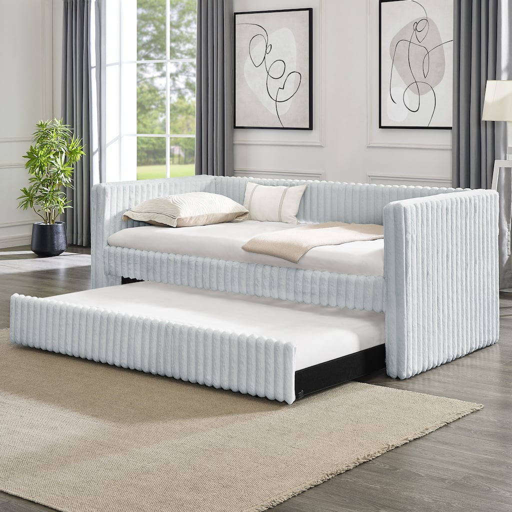 Twin Size Daybed, Upholstered Sofa Bed, The Bottom Pulls out to Form a Bed, Plaid Corduroy Fabric - Beige