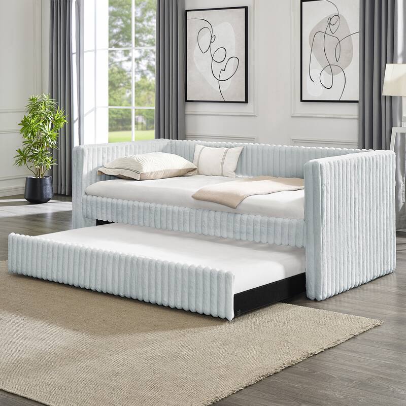Twin Upholstered Daybed with Pull-Out Trundle, Modern Striped Corduroy Fabric Sofa Bed with Armrests, Space-Saving Sleeper - LIGHT GREY