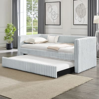 Twin Upholstered Daybed with Pull-Out Trundle, Modern Striped Corduroy Fabric Sofa Bed with Armrests, Space-Saving Sleeper