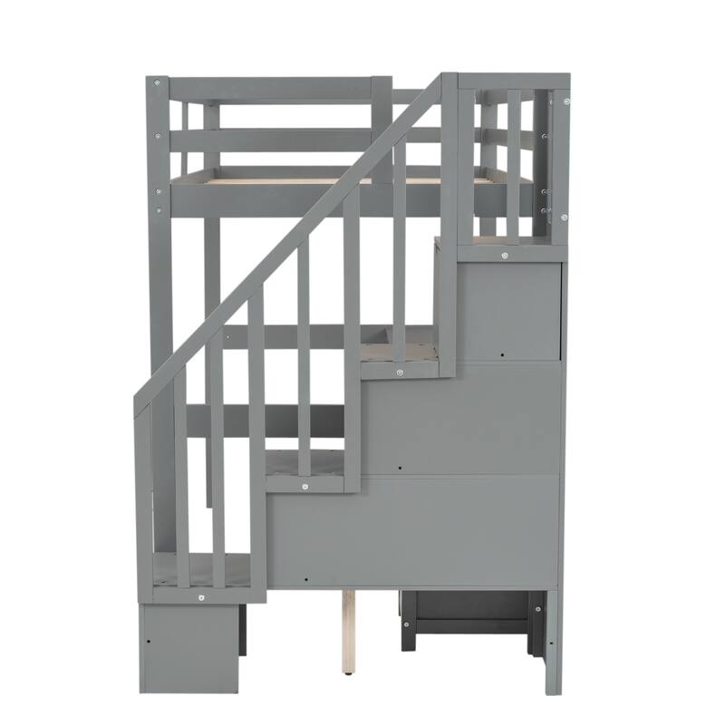 Gray Twin Size Solid Wood Loft Bed with Built-in Desk and Double Storage Drawers