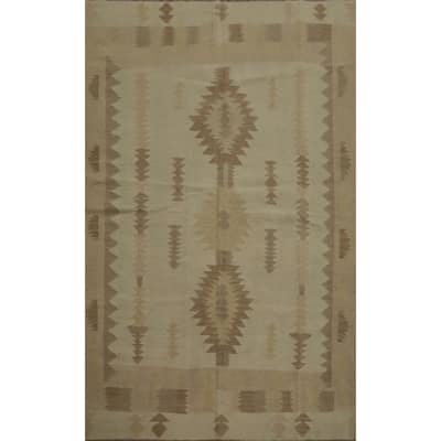 Hand Woven Oriental 100% Wool Carpet Southwestern Tribal Beige & Ivories Kilim Area Rug - 6' 8'' X 4' 9''