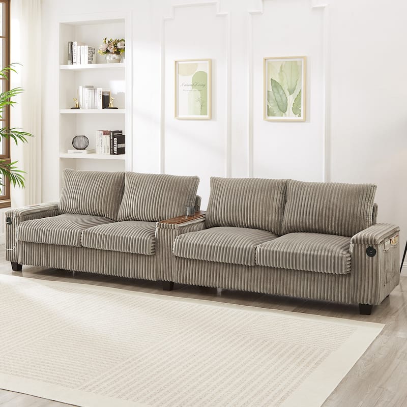 4 Seater Corduroy Sofa Couch with USB Ports and Storage Arms, 133" Modern Sofa with Side Pockets and Flip-Top Cup Holders
