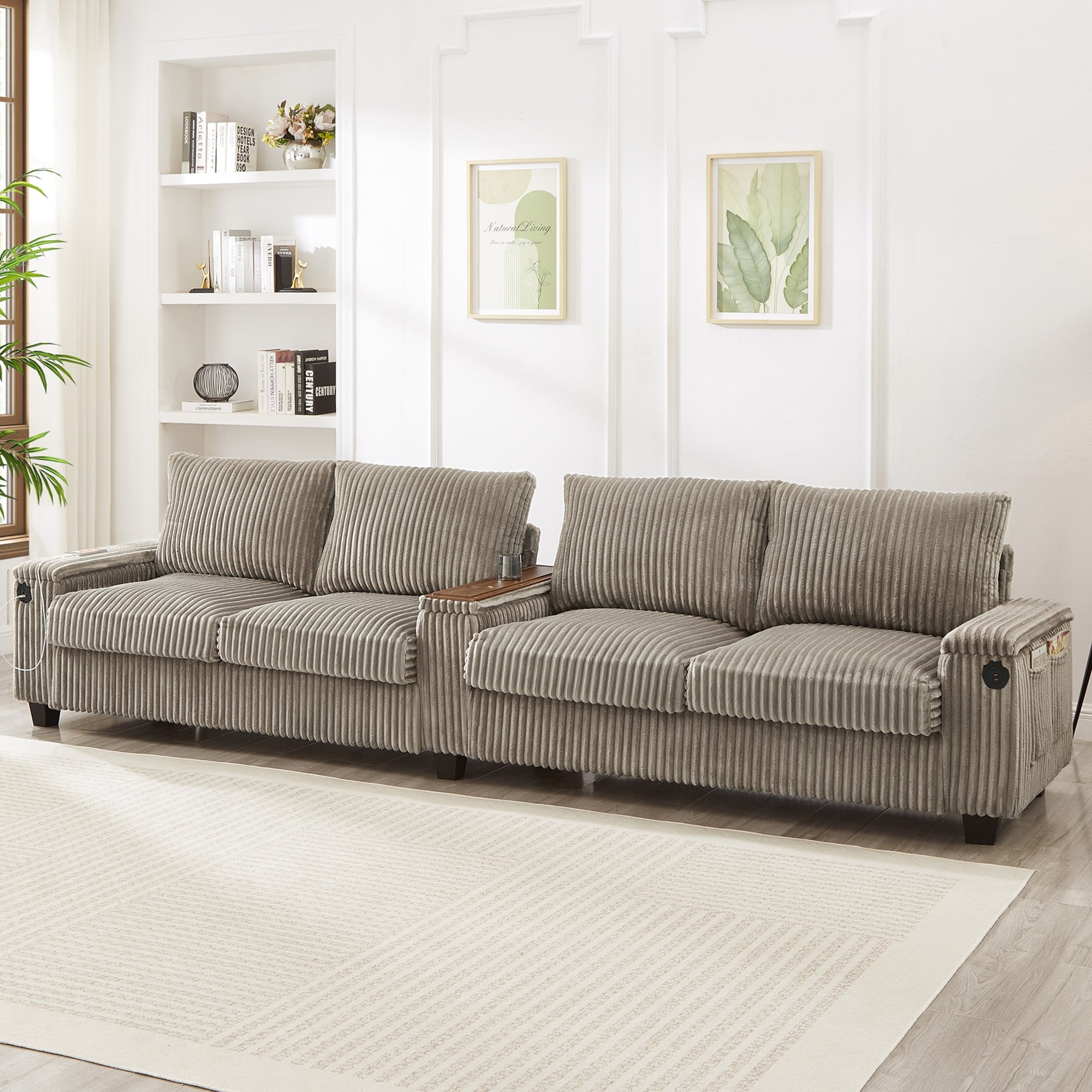 Modern Corduroy 4-Seat Sofa with USB Ports and Flip-Armrest Cup Holders and Storage for Living Rooms and Lounging