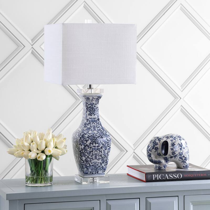 Mercer 28" Ceramic/Crystal LED Table Lamp, Blue/White by JONATHAN Y
