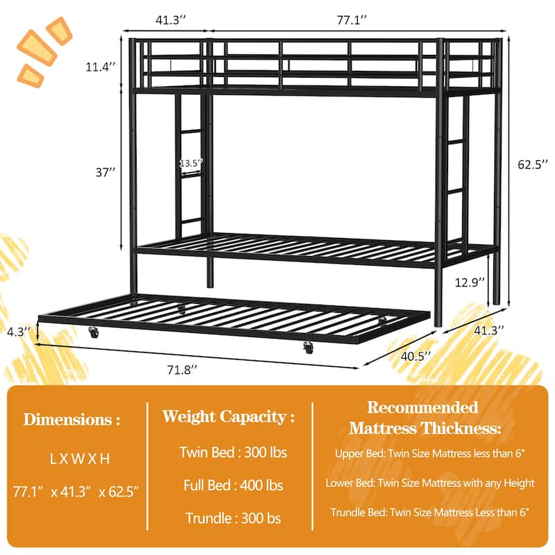 Standard Metal Bunk Bed - Bed Frame for Kids, Teens & Guest Rooms
