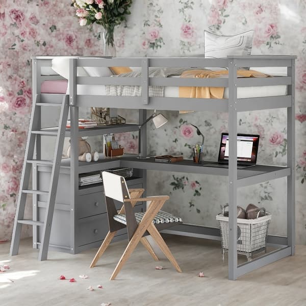 slide 2 of 29, Modern Twin Size Loft Bed With Desk And Shelves,Two Built-in Drawers,For Bedroom