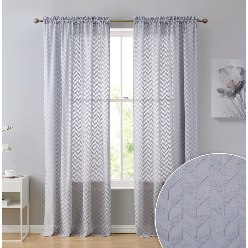 HLC.me Herringbone Lace Thick Semi Sheer Premium Grommet Top Window Curtain Panels Kids Room & Bedroom - Set of 2 Panels - 37" W x 84" L per panel - Set of 2 - Silver Grey