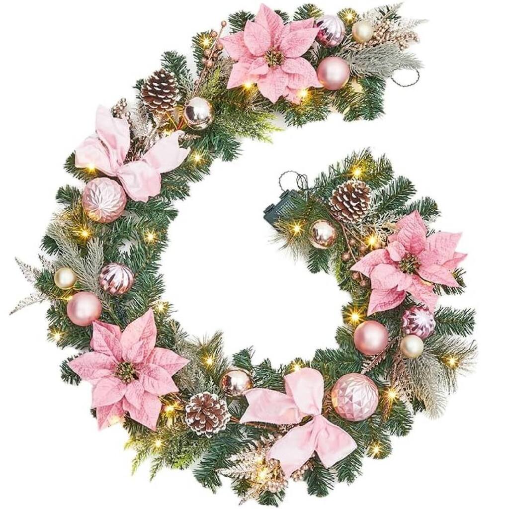6ft Pink Flowers Christmas Garland with 20 LED Lights - N/A