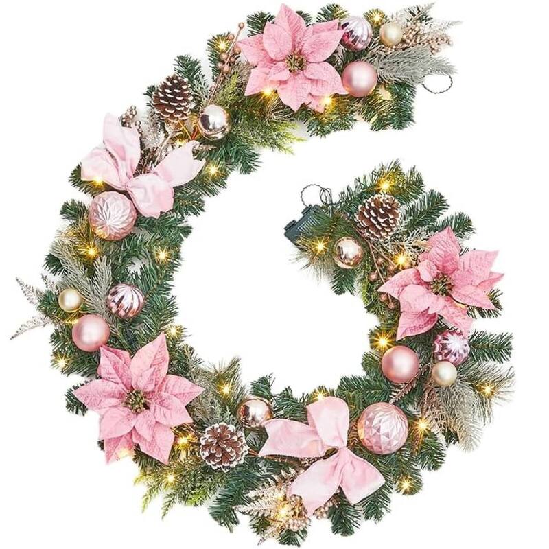 6ft Pink Flowers Christmas Garland with 20 LED Lights - N/A - Pink