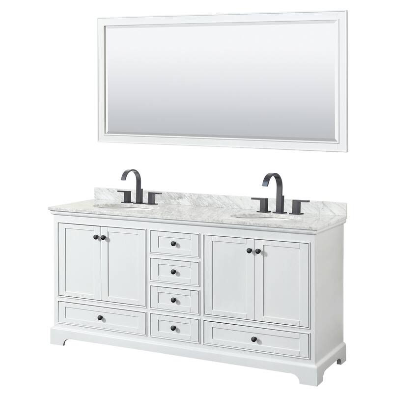Deborah 72-inch Double Vanity, Oval Sinks, 70-inch Mirror - White, Black Trim, White Carrara Marble Top