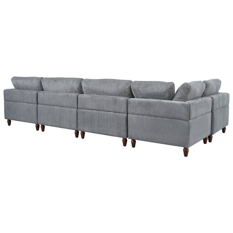 L Shaped Modular Sectional Sofa with Ottoman, Corduroy Upholstered Sleeper Sofa Bed, Corner Sectional Couch with Wooden Legs