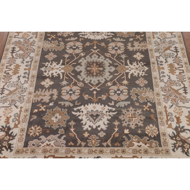 All-Over Floral Oushak Indian Area Rug Hand-Knotted Wool Carpet - 7'10"x 10'3"