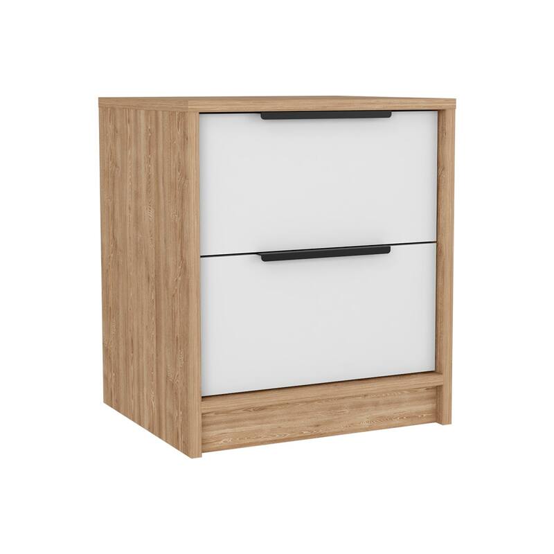 White & Pine Nightstand with Two Drawers and Metal Handles