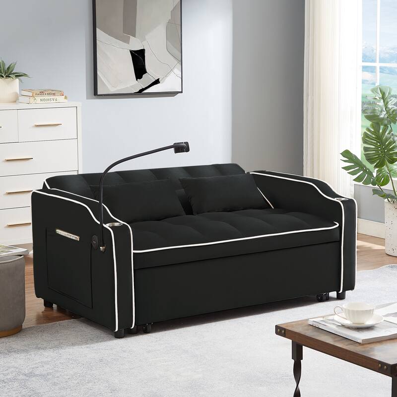 Modern Sofa Velvet Pull-out Bed, Adjustable Back and with USB port