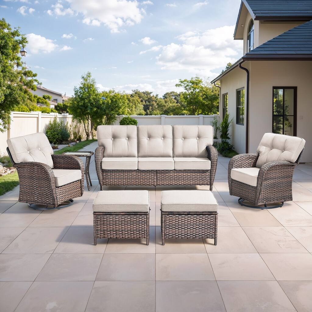 Gymojoy 6-Piece Outdoor Wicker Patio Furniture Set, 5" Thick Cushioned Rattan Set with Swivel Chairs & Ottomans