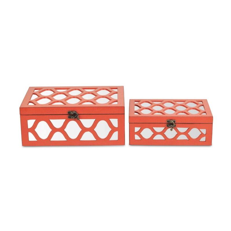 HomeRoots Set of Two Orange Mirrored Glass And Solid Wood Box With Lid