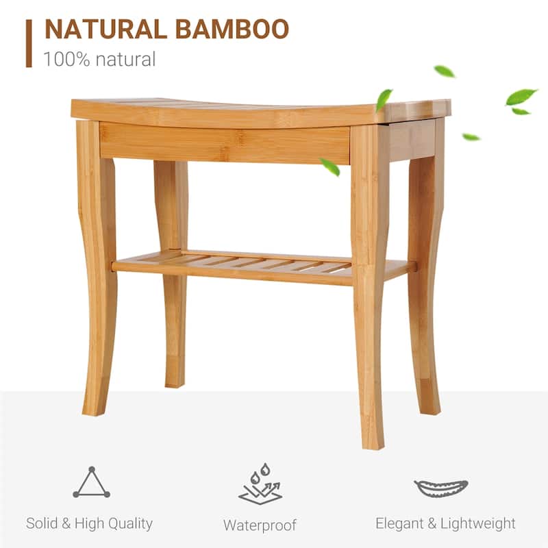 20" Wooden Long Bamboo Shower Bench Seat with Underneath Storage Shelf