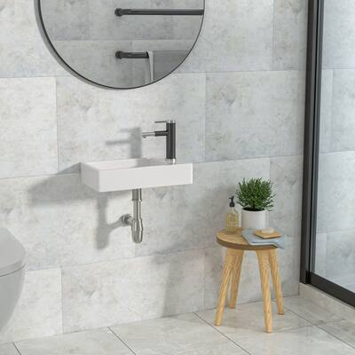 Kichae Wall Mount Rectangle Corner Bathroom Sink White Ceramic Vessel Sink