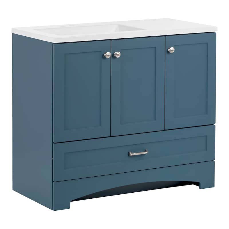 Spring Mill Cabinets Emlyn 36.5" Bathroom Vanity With Shelves, Drawer, and White Sink Top