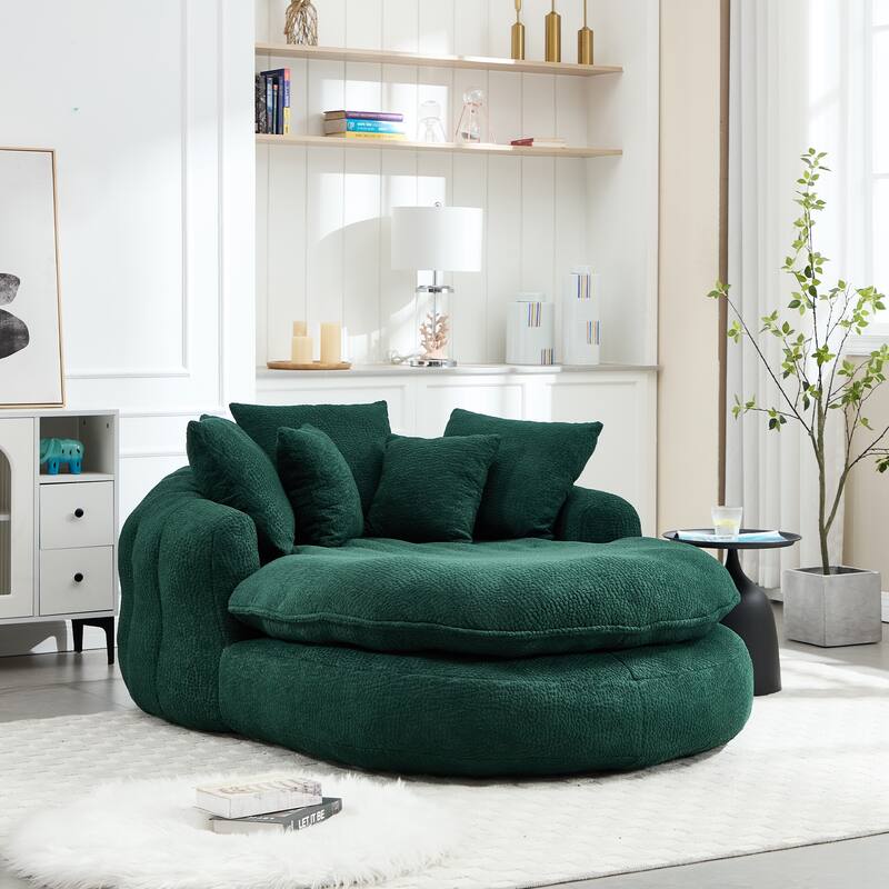 Oversized Oval Upholstered Bean Bag Sofa, Lazy Sofa with 3 Large Pillows and 2 Small Pillows, Wrap Around Backrest