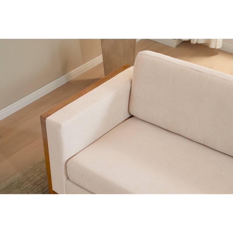 Modern Upholstered 3-Seater Sofa, Straight-Row Sofa with Square Arms, Lounge Sofa with Solid Wood Legs for Living Rooms