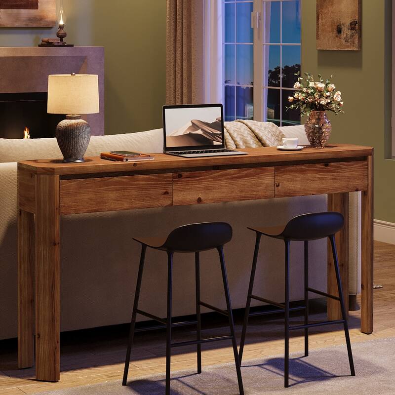 63 Inch Solid Wood Console Table with 3 Drawers, Sofa Table Behind the Couch, Farmhouse Style - 11.81" D x 62.99" W x 31.5" H