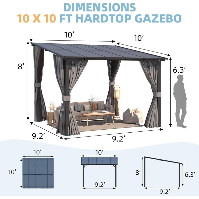 AECOJOY Gazebo for Patio, Small Wall-Mounted Lean to Pergola 8x8 Gazebo with Curtains and Netting, Hard Top Gazebo on Clearance