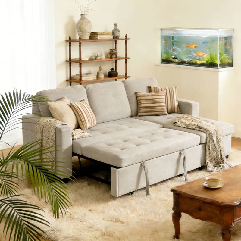 Couch Sofas with Pull Out Bed, Convertible Sleeper Sofa Bed with Storage for Small Spaces - Beige