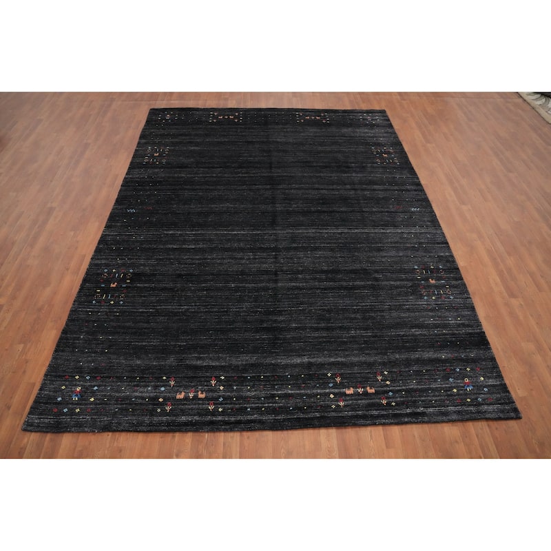 Hand Knotted Oriental Viscose Silk Carpet Tribal Animal Pictorial Greys & Charcoal Gabbeh Area Rug - 11' 7'' X 8' 9''
