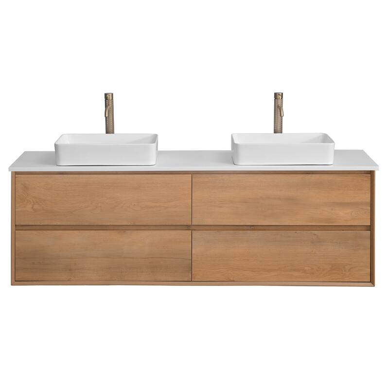 72" Floating Bathroom Vanity Quartz Counter Top with Double Ceramic Vessel Sink - Square Sink - Square Sink