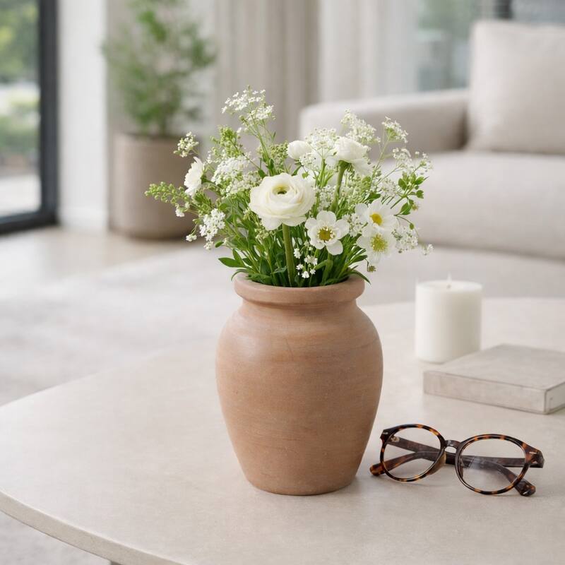 Decorative Round Pottery Vase - Rustic Boho Flower Vase