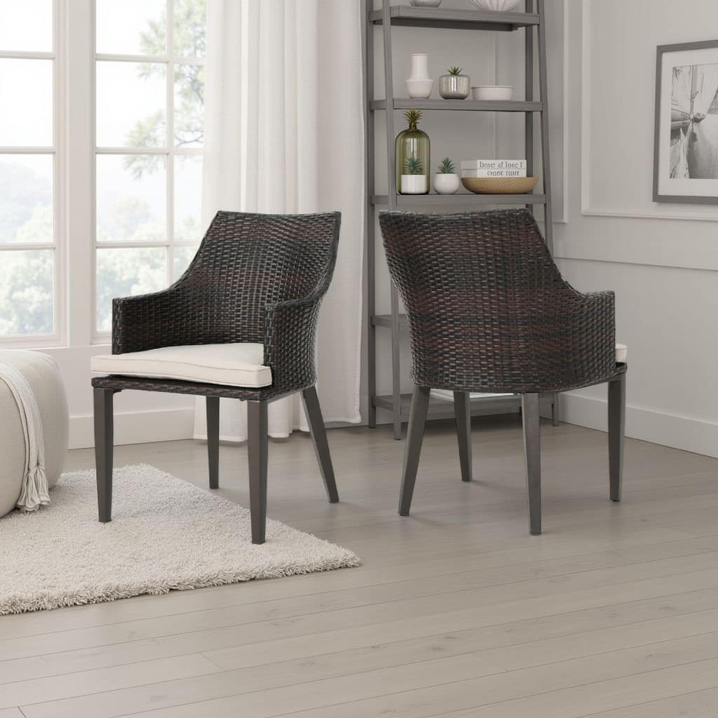 Ellish Outdoor Chair Set of 2, Metal Legs, Brown Rattan, Beige Fabric