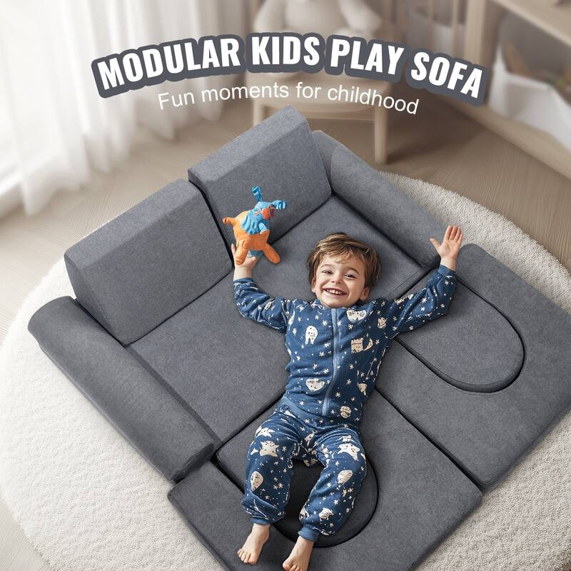 Grey Chenille Fabric Modular Kids Play Couch with Foam Cushions and Safe Zippers - 43.31” L x 23.62” W x 15.75” H