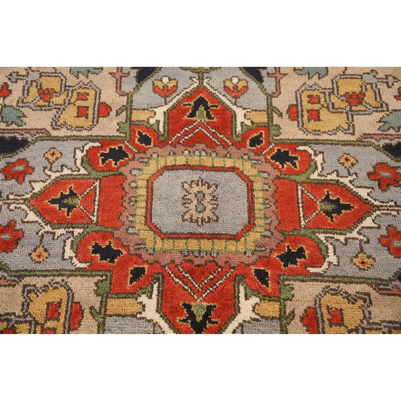 Geometric Heriz Serapi Indian Area Rug Hand-Knotted Wool Carpet - 8'11" x 12'1"