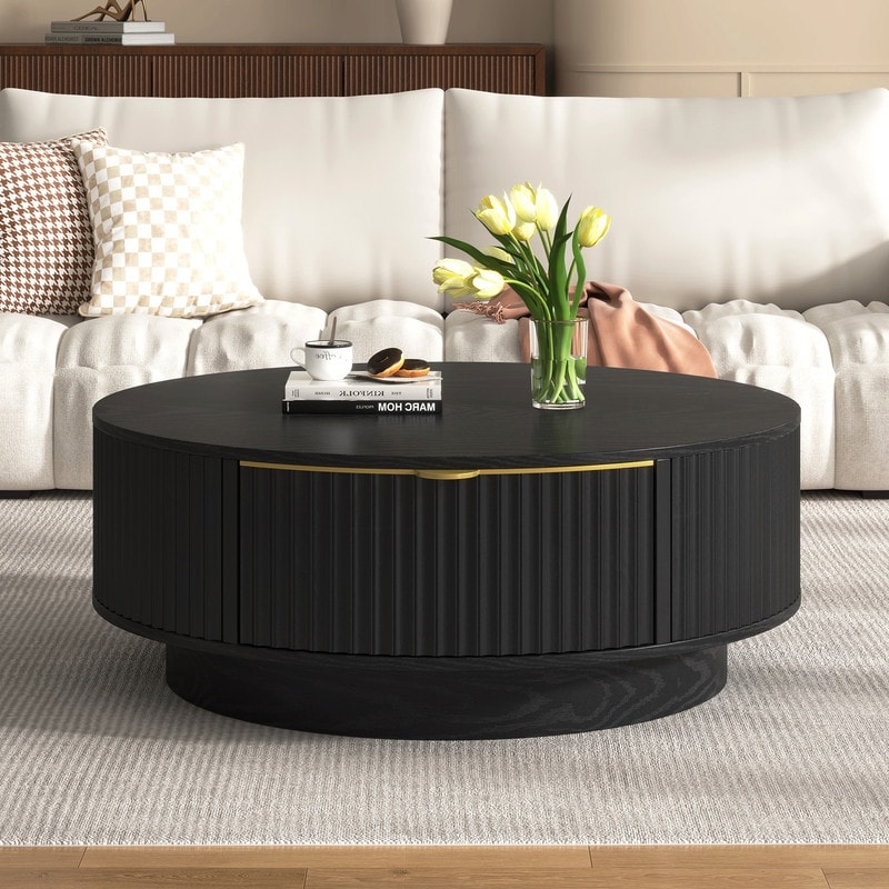 Farmhouse Fluted 35.4" Round Coffee Table with Drawer for Living Room