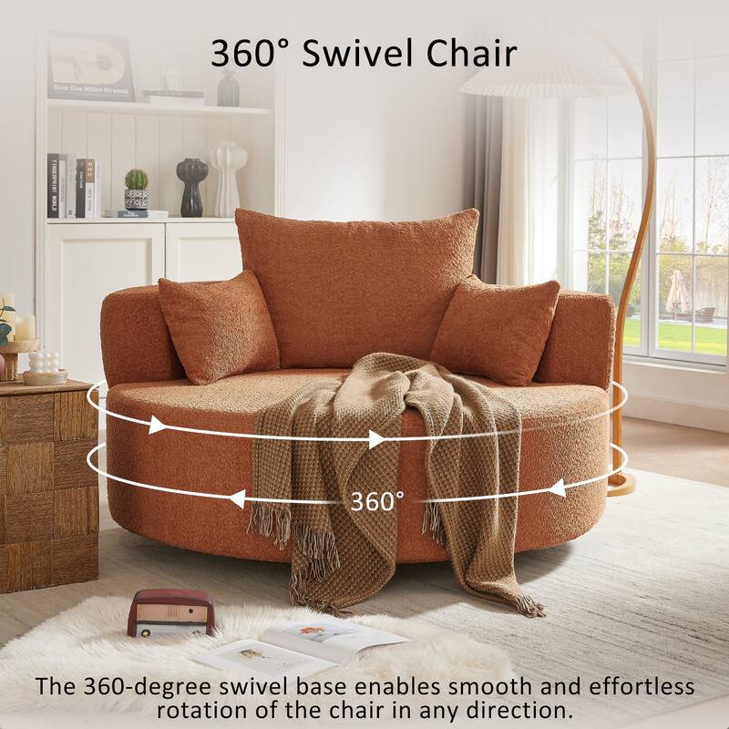 Chenille Accent Barrel Chair Lounge Chair, Round Sofa Chair Armchair with 360-Degree Swivel Base and 3 Removable Pillows