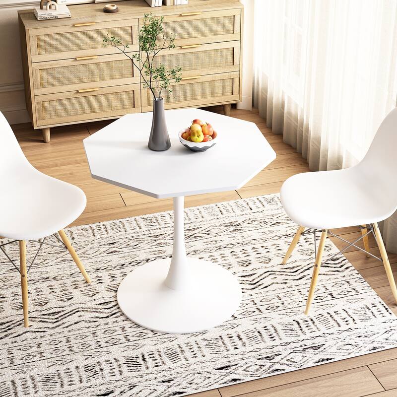 31.50" Modern Octagonal Coffee Table With Printed White Marble Table Top Metal Base For Dining Room Kitchen Living Room - White