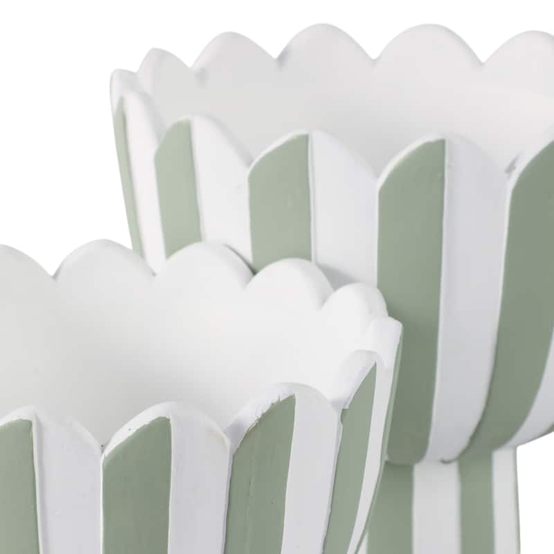 Pottery Planter Scalloped Rim Striped Design (Set of 2) - 8", 6" White - 8.75" x 8.75" x 8"