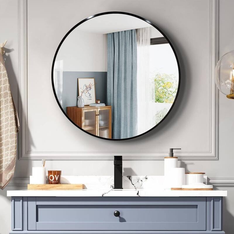 Round Wall Mirror Circle Bathroom Mirror Metal Frame for Bathroom Entryway Bedroom Living Room Wall Mounted Modern Rustic Decor - Black - 36" x 36"