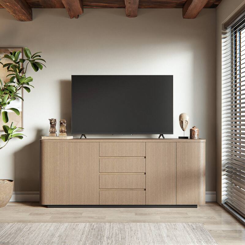 Light Oak Sideboard Buffet Cabinet with 4 Drawers & 2 Doors, Push-to-Open System, Waterproof Surface & Anti-Tip Kit Dresser