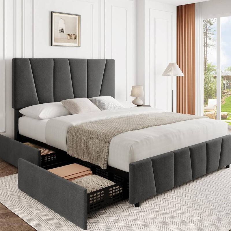 Upholstered Platform Bed Frame with Headboard and 4 Storage Drawers