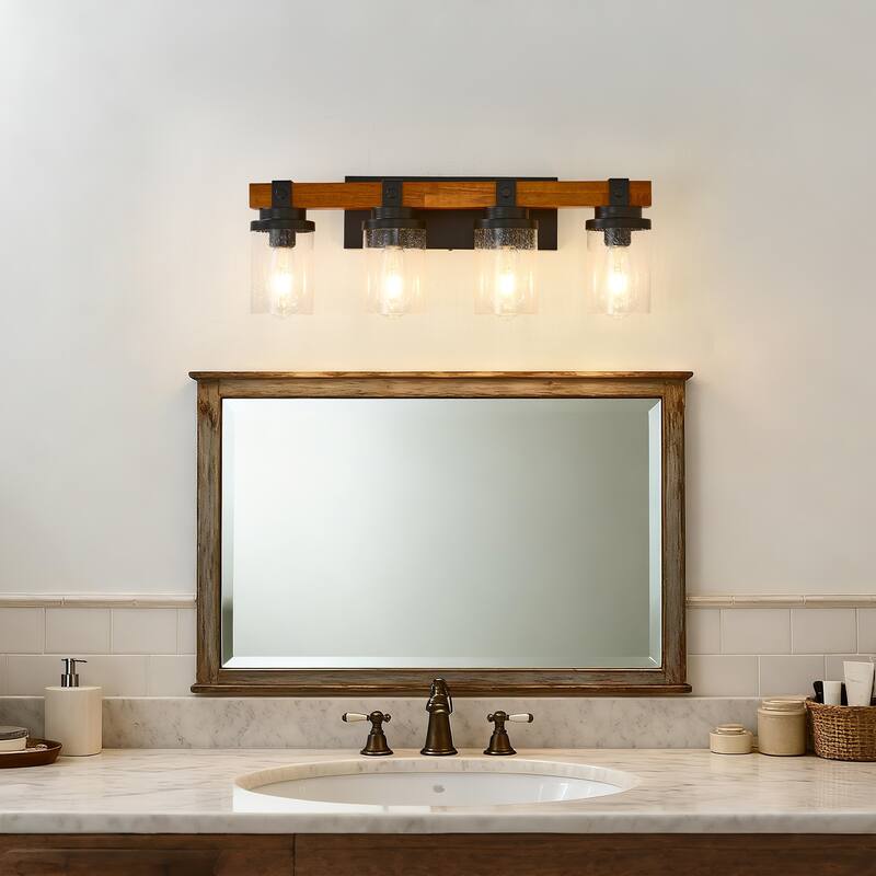 4-Light -Matte Black And Wooden Wall Lamps With Glass Lamp Shade (No Bulbs) For Dinning Room Hallway Bedroom - Black