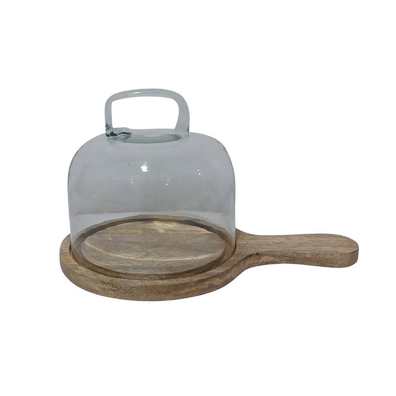Cake Cover Glass & Mango Wood H 6.3" & Dia 7.9" - Clear - Large