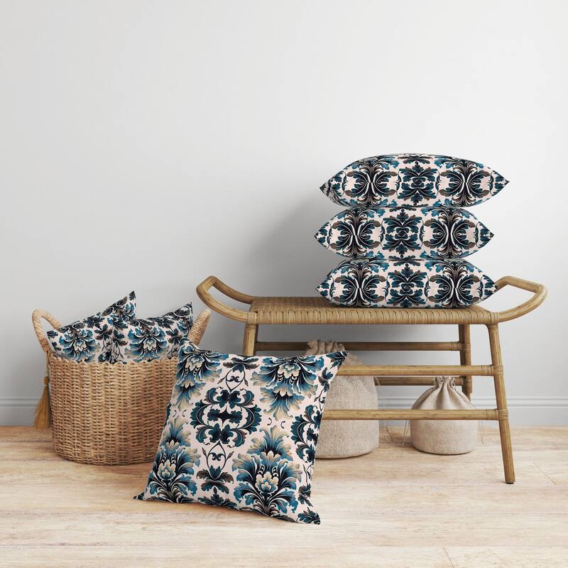 Damask Rapture Faux Suede Reversible Throw Pillow Turquoise and Beige