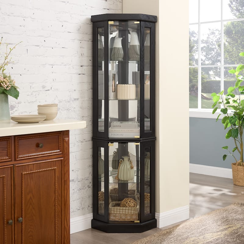 Lighted Corner Curio Cabinet - Display Case, Antique Collectibles, Glass Storage - Elegant Corner Design with Lights Included