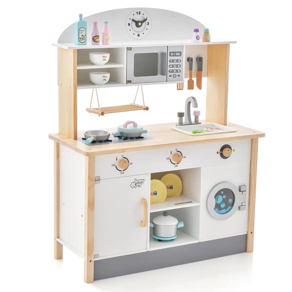 slide 2 of 10, Gymax Kids Play Kitchen Set Wooden Pretend Toy w/Microwave Oven & White