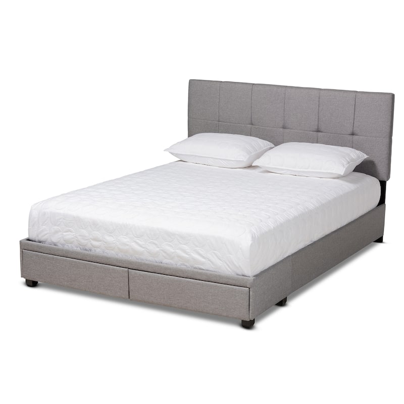 Queen Size Storage Bed with Drawers - Fabric Upholstered Platform Bed Frame - Grey, 2 Drawer