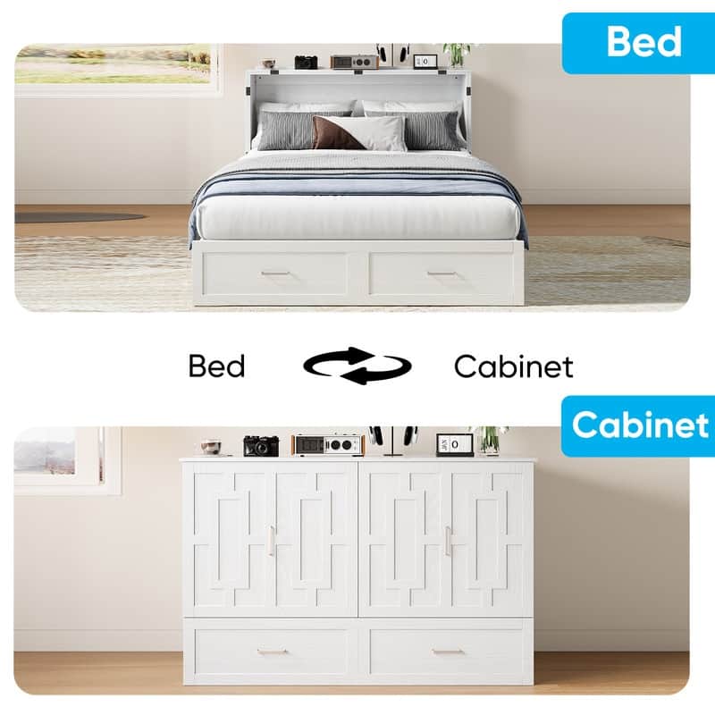 Mixoy Queen Modern Murphy Bed Chest with Mattress,Storage Drawer,Charging Station