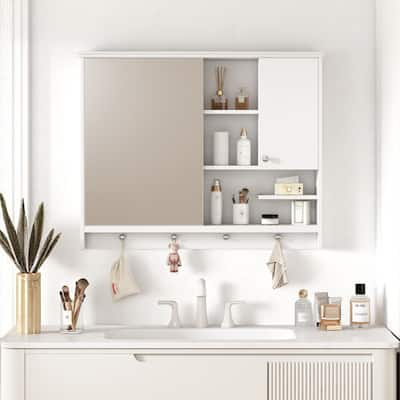 Bathroom Wall-Mounted Mirror Cabinet, 36" with 1 Door, Adjustable Shelf and Hidden Storage